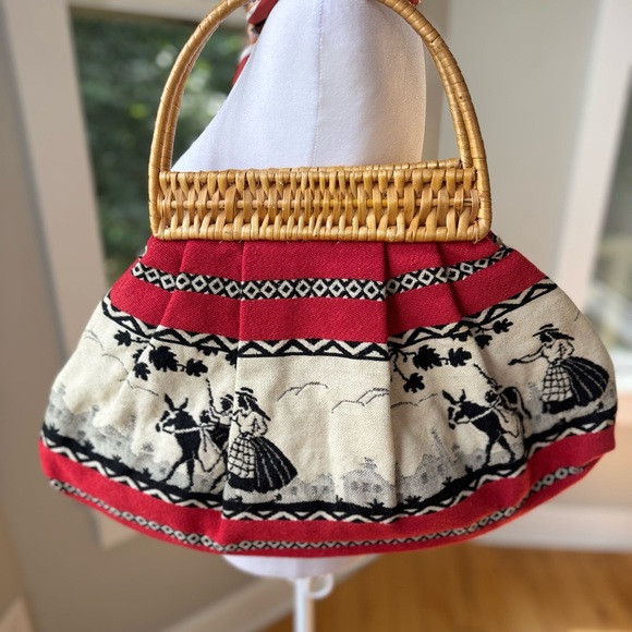 Vintage Red White Black Wool Woven Large Purse Handmade